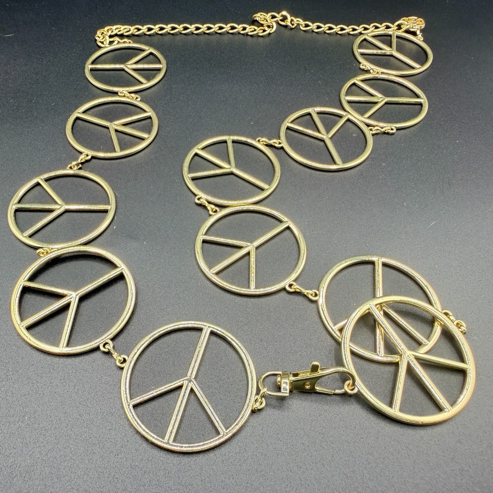 Gold Tone Peace Sign Necklace Oversized Links Hippie Boho Festival Vintage Gift